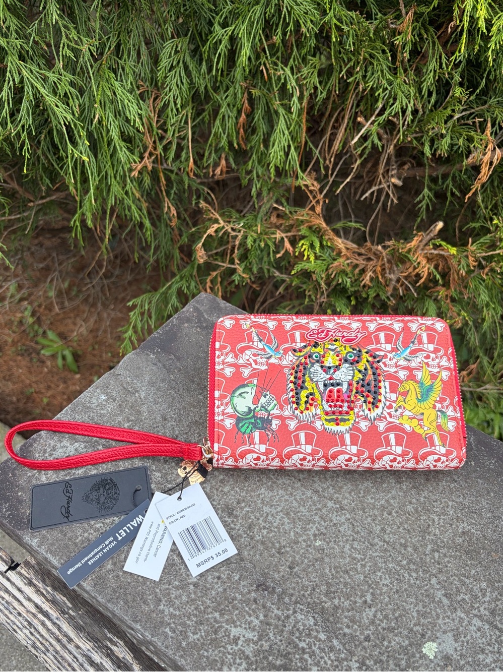 Ed Hardy Rhinestone Tiger Tattoo Print Double Zip Wristlet NWT